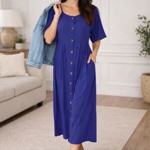 Carol Little Cobalt Blue Flowy Maxi Dress | Button Front | Tie Waist  Sz 12